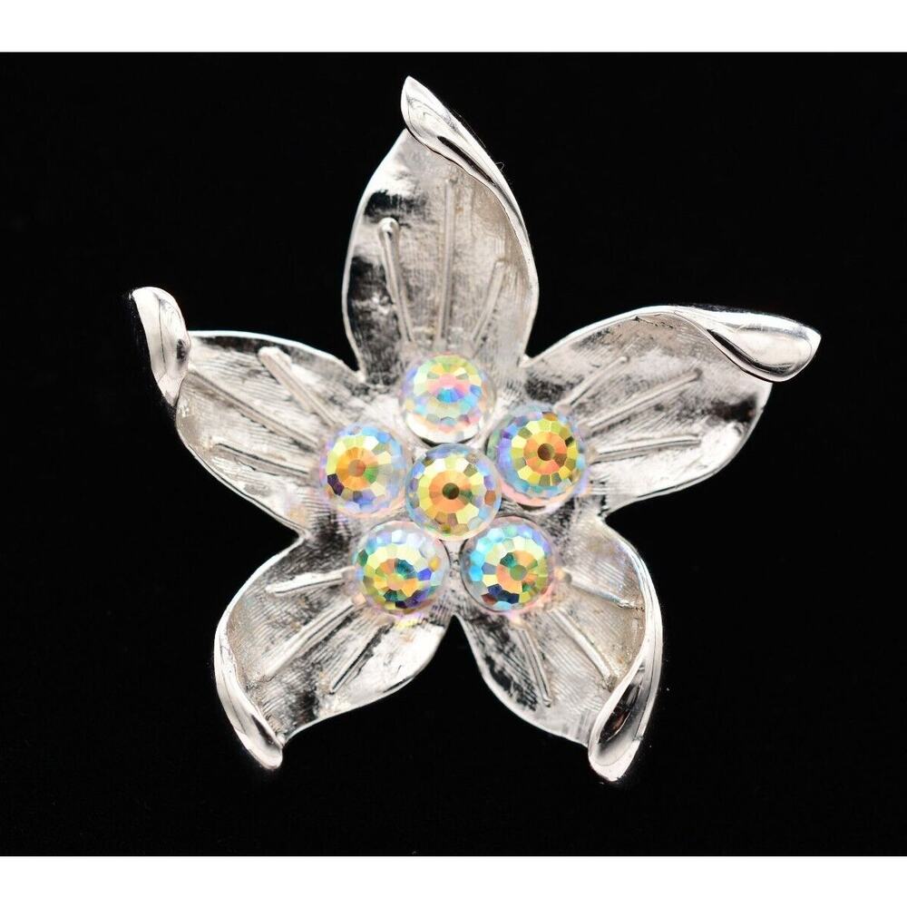 Butler Vintage Crystal Flower Pin Brooch Aurora Borealis AB Shiny Signed BinAT